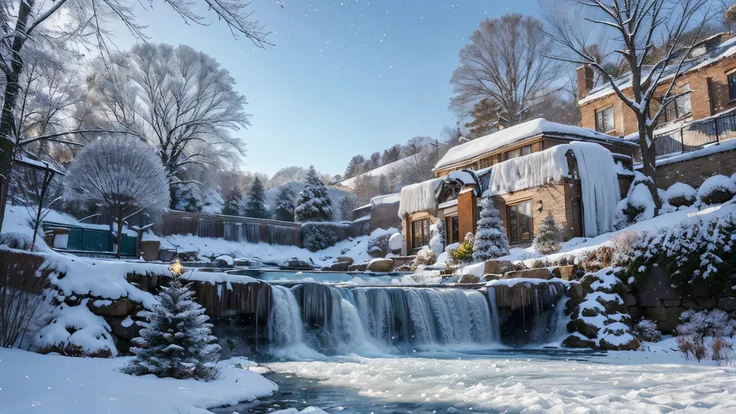 A serene winter landscape featuring a cascading waterfall surrounded by snow-laden trees. The scene is adorned with sparkling snowflakes and festive decorations, including silver and blue Christmas ornaments suspended from the top. The background showcases...