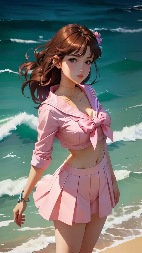 sailor girl in pink clothes standing on the beach,  Sailor Jupiter. beautiful, anime painter studio 製,  drawn at Anime Painter Studio,  portrait of a knight of the zodiac ,  Ilya Kuvshinov and artgerm  , 80s anime art style, Makoto Shinkai and artgerm, Off...