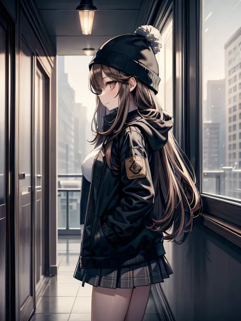  masterpiece ,  lyrics,  well detailed ,  a beautiful woman in a lonely corridor ,  long hair , straight hair,  brown hair, brown eyes, beautiful eyes,  smiley face,  big breasts, juicy breasts,  Open shirt, short skirt, black jacket, black beanie hat,  ri...