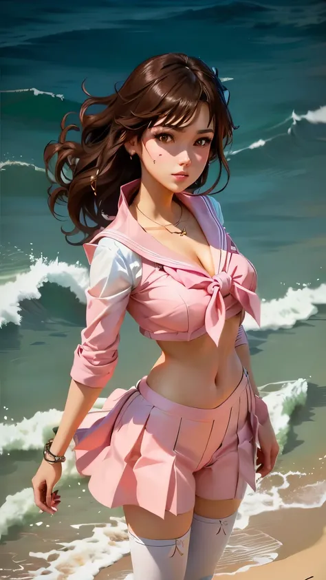 sailor girl in pink clothes standing on the beach, Sailor Jupiter. beautiful, anime painter studio 製, drawn at Anime Painter Studio, portrait of a knight of the zodiac , Ilya Kuvshinov and artgerm , 80s anime art style, Makoto Shinkai and artgerm, Off...