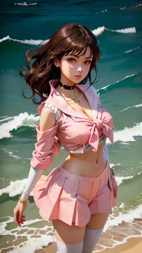 sailor girl in pink clothes standing on the beach, Sailor Jupiter. beautiful, anime painter studio 製, drawn at Anime Painter Studio, portrait of a knight of the zodiac , Ilya Kuvshinov and artgerm , 80s anime art style, Makoto Shinkai and artgerm, Off...