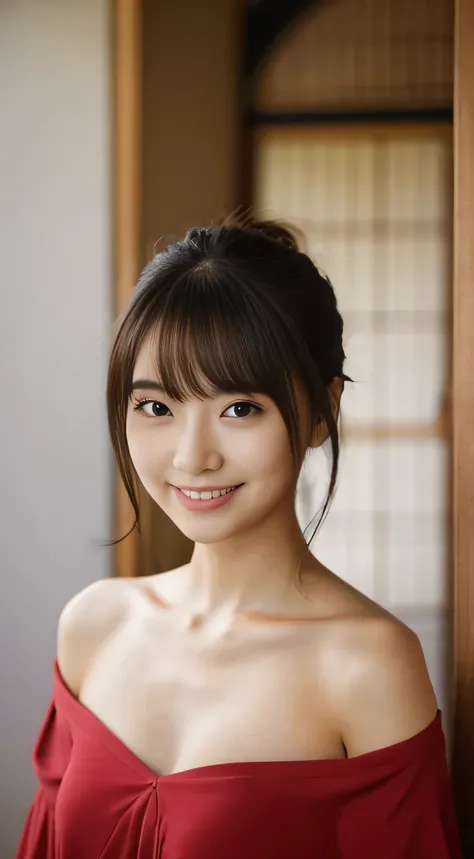 masterpiece,best quality,(Japanese girl),((Beautiful girl)),cleavage,(off shoulder:1.2),(perfect body beauty:1.2),(shy smile),From slightly above