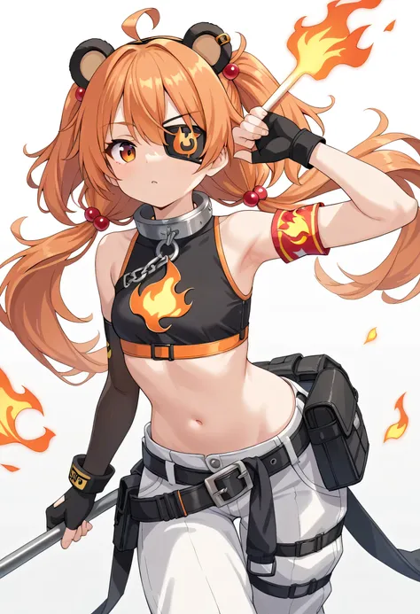 appearance: koleda, orange eyes, eyepatch, orange hair, ahoge, long hair, two-side up, low twintails, black bobbles, hair bobble...