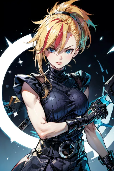 (masterpiece, best quality:1.2), Blue  glowing eyes, perfect face, highres, 1 girl, solo, ultra long ponytail, (female:1.5), strife, blonde hair, shoulder armor, sleeveless turtleneck, suspenders, belt, gloves, bracer, evil smile, standing, portrait, looki...