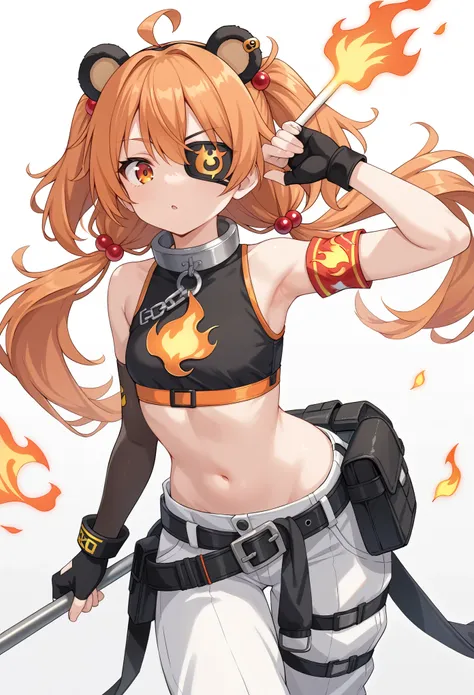 appearance: koleda, orange eyes, eyepatch, orange hair, ahoge, long hair, two-side up, low twintails, black bobbles, hair bobble...