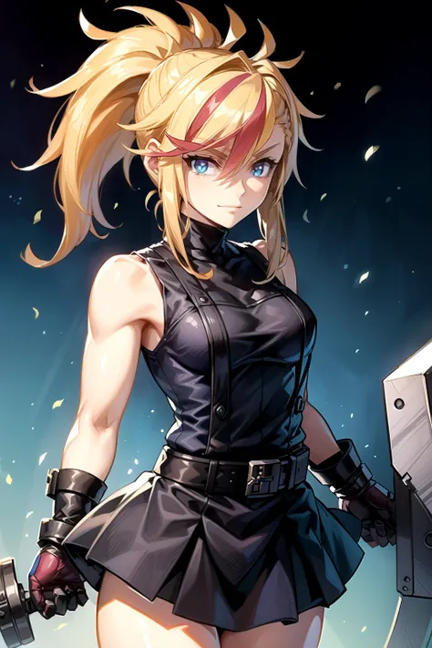 (masterpiece, best quality:1.2), Blue  glowing eyes, perfect face, highres, 1 girl, solo, ultra long ponytail, (female:1.5), strife, blonde hair, shoulder armor, sleeveless turtleneck, suspenders, belt, gloves, bracer, evil smile, standing, portrait, looki...