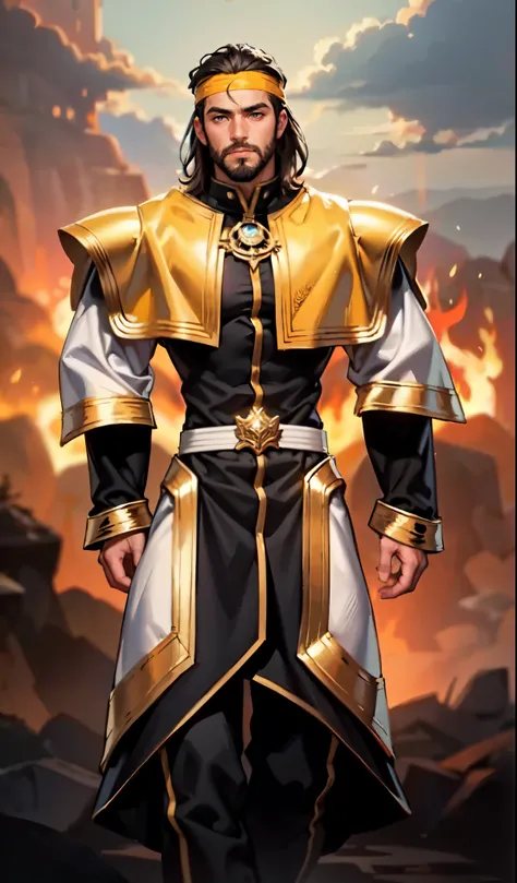 (masterpiece:1.2, best quality:1.2, extremely delicate:1.2), ((male:1.5)), a middle-aged man with medium-length black hair, a yellow headband, thick eyebrows, focused gaze, dignified face, large beard, tall and slender physique, a fantasy-style mage robe, ...