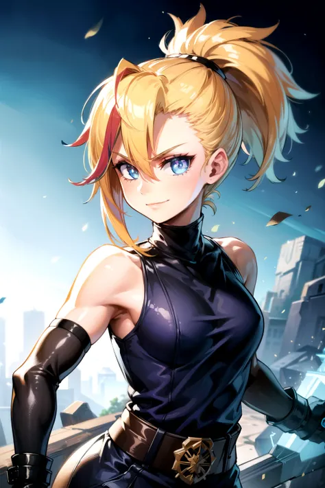 (masterpiece, best quality:1.2), Blue  glowing eyes, perfect face, highres, 1 girl, solo, ultra long ponytail, (female:1.5), strife, blonde hair, shoulder armor, sleeveless turtleneck, suspenders, belt, gloves, bracer, evil smile, standing, portrait, looki...