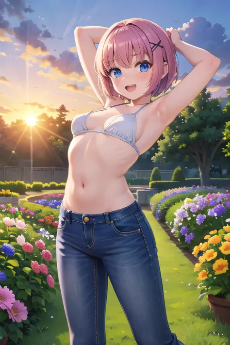 masterpiece,best quality,ultra detail,1girl, 14yo,petite,Laugh happily,background((flowers, garden, beautiful sunset)),sunshine,cloud, beautiful pink short hair, hair ornament, x hair ornament,Raise your arms and bring them behind your head,White teeth, la...