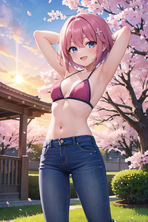 masterpiece,best quality,ultra detail,1girl, 14yo,petite,Laugh happily,background((cherry_blossoms, garden, beautiful sunset)),sunshine,cloud, beautiful pink short hair, hair ornament, x hair ornament,Raise your arms and bring them behind your head,White t...