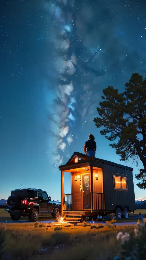 A vivid, starlit night sky stretches across the scene. On one side of the image, a typical American tiny house styled like a trailer is prominently featured. A man with long brown hair reaching the middle of his back and a large beard of the same color sit...