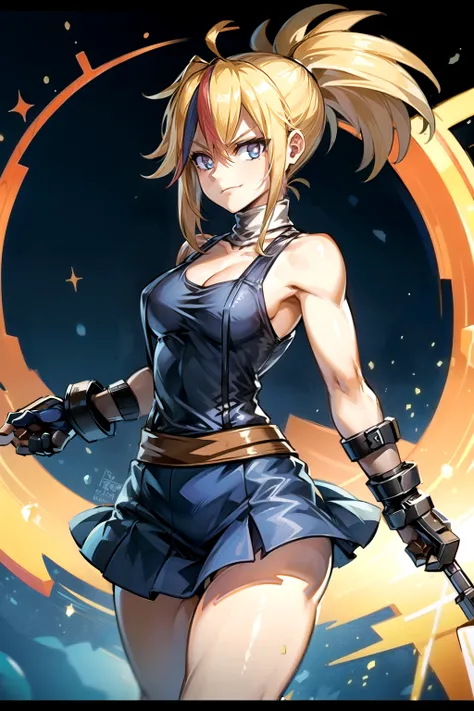 (masterpiece, best quality:1.2), Blue  glowing eyes, perfect face, highres, 1 girl, solo, ultra long ponytail, (female:1.5), strife, blonde hair, shoulder armor, sleeveless turtleneck, suspenders, belt, gloves, bracer, evil smile, standing, portrait, looki...