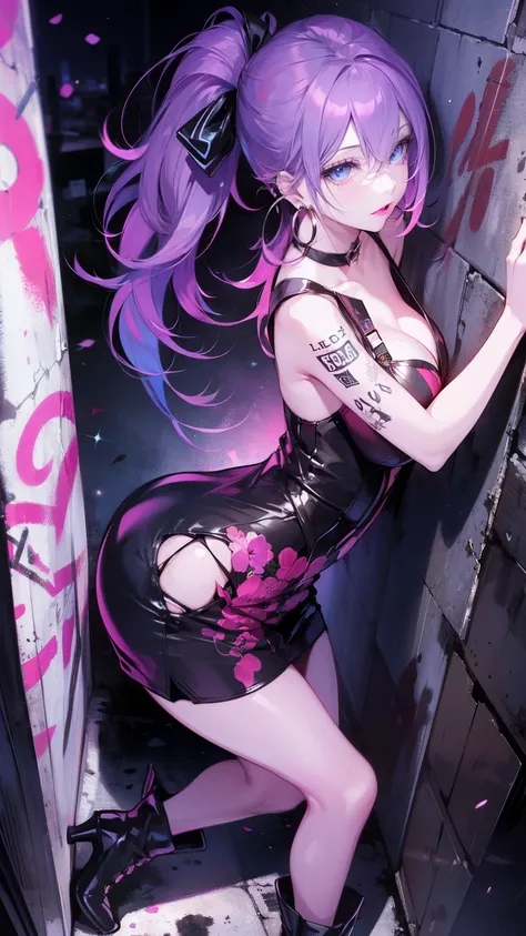 hair above one eye, red eyes, clear eyes, choker, Neon Shirt, torn legwear, open jacket, towards the wall, brick wall, graffiti, Shining grafiti, Shineing tattoos, shine, neon light, Black light,anime style, movie portrait photo, 1 female, 22 years ago, wh...