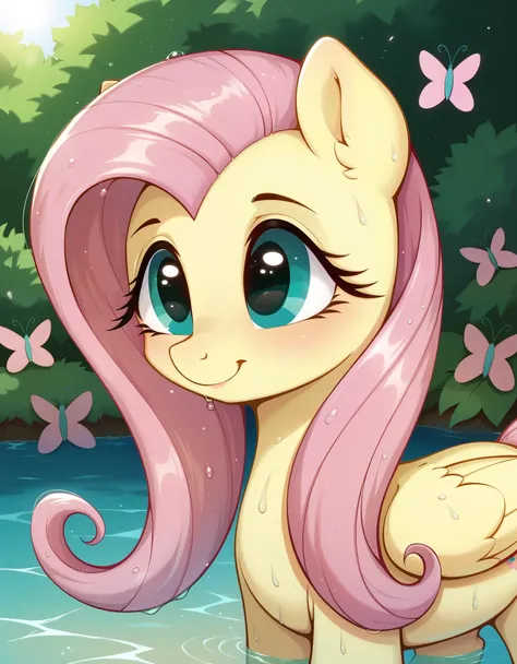 score_9, score_8_up, score_7_up, (masterpiece)), ((best quality), (high detailed), (beautiful), 1girl, feral, fluttershy, smile, one character, mlp, pony, my little pony, horse, wet (full body shoot), detailed hair, detailed fur,, (hioshiru:1.0),,