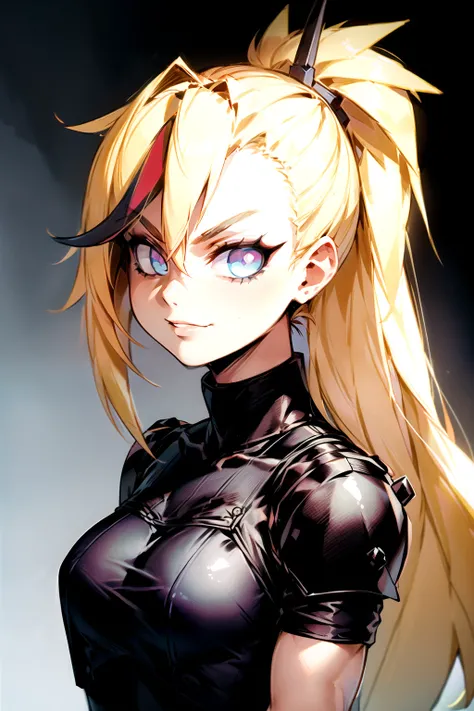 (masterpiece, best quality:1.2), Blue  glowing eyes, perfect face, highres, 1 girl, solo, ultra long ponytail, (female:1.5), strife, blonde hair, shoulder armor, sleeveless turtleneck, suspenders, belt, gloves, bracer, evil smile, standing, portrait, looki...