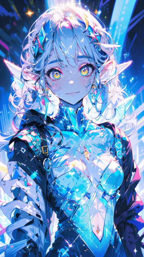 (portrait of an ice elf:1.2), medium length elf ears, pointy ears,ice around, frosty theme,( shiny yellow eyes:1.2), light cold smile, arrogant facial expression, sexy Russian style costume, Blue crystal jewelry, icy blue glowing tattoos,Detailed,Realistic...