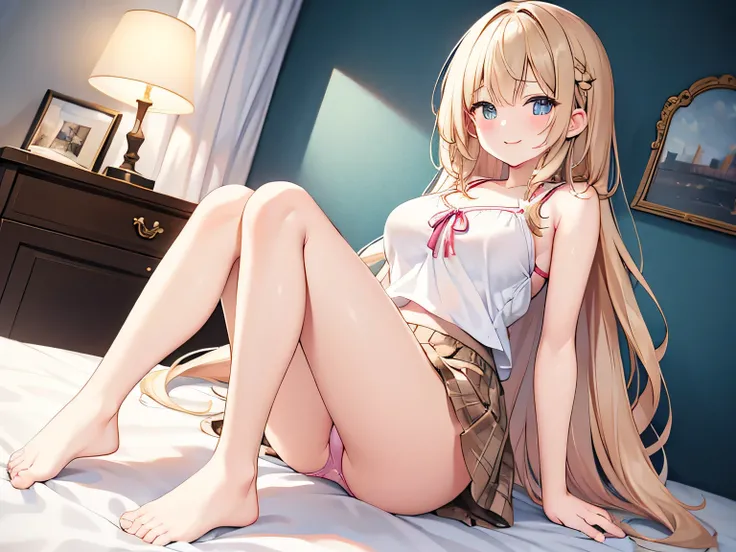 (masterpiece、Best Quality、 high definition、 realistic pictures、Real looking skin:1.1)、 
( The woman is sitting on a bed in a lower floor apartment in a residential area:1.8)、 
( The skirt is short so I can see her panties:1.8)、 
(She has a happy smiling fa...