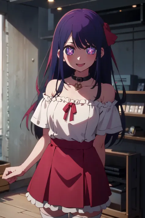 aihoshinonova, 1girl , solo, long hair, bangs, purple hair, purple eyes, star-shaped pupils, (close mouth), collarbone, blush, medium breasts,aihoshino, ai hoshino, long hair, bangs, (purple eyes:1.1), purple hair, (symbol-shaped pupils:1.5), smile, BREAK ...