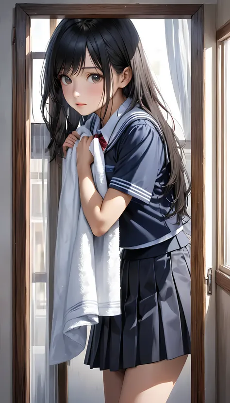 Chest covered with a towel, a female in school uniform peeking out window through sheer curtain on wooden frame, 1girl, Alone, curtains, skirt, black hair, window, indoors, shirt, long hair, realistic, school uniform, bow