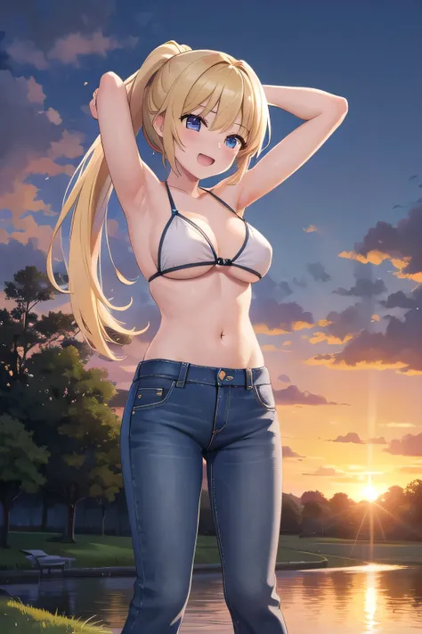 masterpiece,best quality,ultra detail,1girl, 14yo,petite,Laugh happily,background((countryside, beautiful sunset)),sunshine,cloud, beautiful blonde ponytail hair, hair ornament, x hair ornament,Raise your arms and bring them behind your head,White teeth, l...