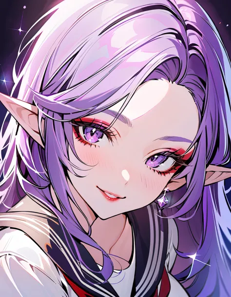 (best quality,ultra-detailed,highres:1.2),beautiful girl with flawless face,The cutest girl in the world,Exquisite makeup,purple eyes,makeup,eyelashes,lipstick,(tsurime:1.2),glint,seductive smile,serafuku,large breasts,purple hair,(elf:1.2),pointy ears,red...