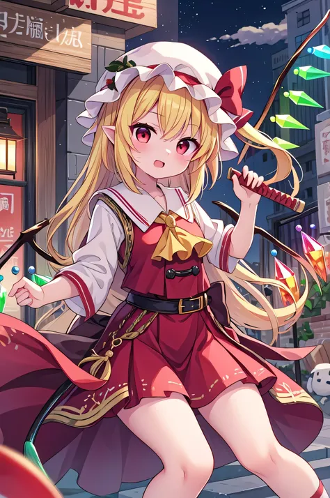 Detailed background, masterpiece, Best Quality, Expressive、whole body、１alone、１By people、１Only people、only girl、Flandre Scarlett, , Yellow hair on the third tail、Red eyes、Blonde、Long Hair、 Short Hair、 about the age of a female college student、Oriental Proje...