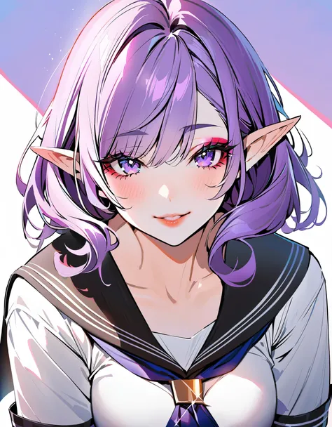 (best quality,ultra-detailed,highres:1.2),beautiful girl with flawless face,The cutest girl in the world,Exquisite makeup,purple eyes,makeup,eyelashes,lipstick,(tsurime:1.2),glint,seductive smile,serafuku,large breasts,purple hair,(elf:1.2),pointy ears,red...