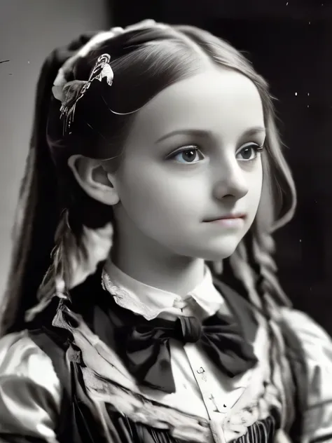 arafed photo of a young girl with a bow tie and a black dress, a black and white photo by Julia Margaret Cameron, flickr, pre-raphaelitism, a beautiful victorian woman, young victorian sad fancy lady, victorian photo, victorian photograph, taken in the lat...