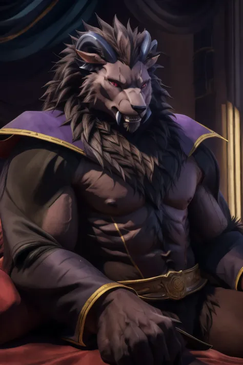 (Best quality, 32К HDR:1.2, ultra detailed, Realistic, photoRealistic, Masterpiece,) Official art, sacrificial princess and king of beasts, full body view, I look at the viewer, One, Male, Beautiful, majestic beast, dark lilac brown fur, black mane, Majest...