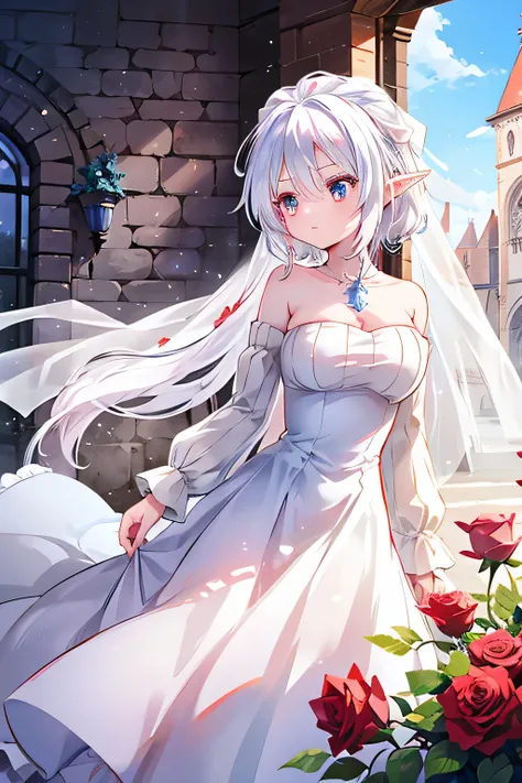 mature older bride, marriage, wedding dress, blue eyes on bride, groom has rose red eyes and short messy white hair and elf ears