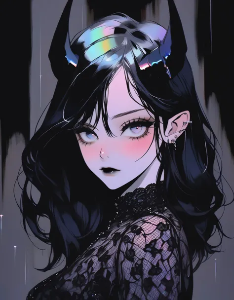 pale devil girl , (( above the waist)), disparo desde muy lejos, (largeeyes, The eyes are delicate and beautiful., Beautiful and delicate face, Full body details), (sombreado de prisma, holographic environment, chromatic:1.2) Black lace shirt, gothic backg...