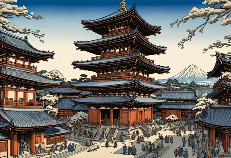 woodblock style art of Sensoji temple in japan, by Katsushika Hokusai, best quality, masterpiece, 8k, Representative work, official art, Professional, Ultra intricate detailed