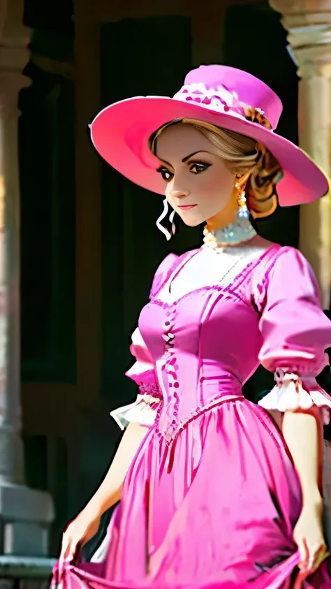 arafed woman in a pink dress and hat standing on a porch, a colorized photo inspired by Jaroslava Korol, pixabay contest winner, baroque, wearing an elegant outfit, wearing an elegant dress, elegant fashion model, wearing 1890s era clothes, in romantic sty...