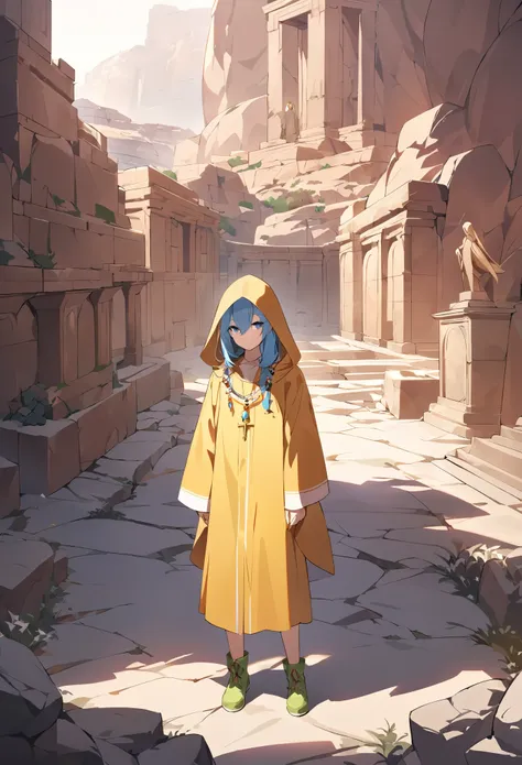 Capture a high-quality, cinematic photo of Luce, a 14-year-old figure of resilience and hope, standing beside an elder Christian monk from the 5th century in the ancient city of Petra. The iconic, towering rock-carved structures of Petra serve as the backd...