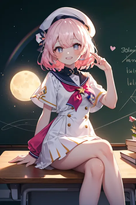 Girl smiling( showing teeth), fondo classroom, school fund(classroom), complete anatomy,  ornament of an accessory shaped like a flower on the head, graphic effects, first person, white beret,  summer school uniform , sitting, Reciting a poem , chalkboard(...