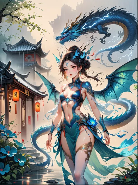 Chinese style master work,(best quality, 4K, high resolution, masterpiece:1.2),Super detailed,lifelike,shining,Traditional Chinese ink painting, Willow branches, Wu Changshuo, ((masterpiece)), best quality, illustration, 1 girl, Small Breasts, Beautiful an...