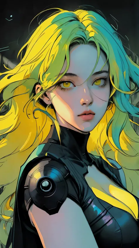 ((best quality)), ((masterpiece)), (detailed), perfect face of cyberpunk mecha japanese girl, neon yellow eyes, neon yellow body, neon yellow hair, ((monochromatic neon yellow color palette)), surreal, art nouveau, in the illustrative style of moebius, spa...