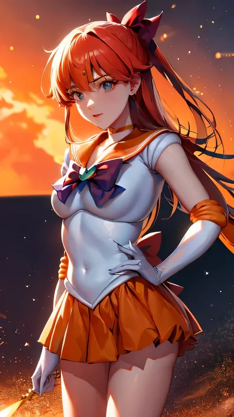 masterpiece, Top Quality, high definition, , Sailor Warrior Uniform, orange skirt, Elbow Gloves , tiara , pleated skirt , miniskirt, red ribbon, Orange Choker, White gloves, gem, guru, night, moon, is standing,rape