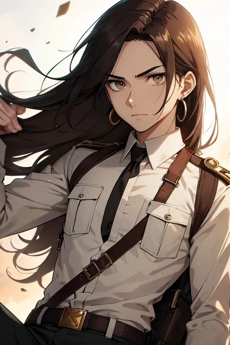 Young Male Survey Corps Soldier From Attack On Titan. Buttoned White Shirt and Black Pants. Long, Chin-Length Wavy Brown Hair. White Stud Earrings. Light Complexion. Dark Brown Eye Color. Gold Pendant.