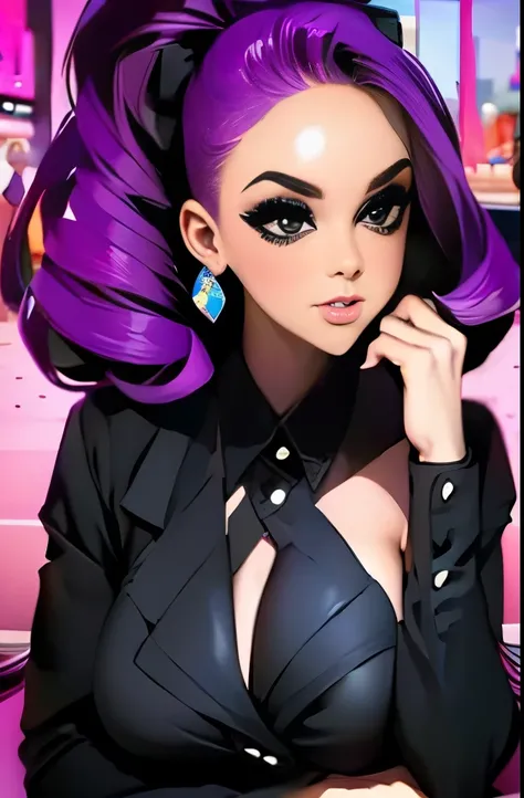 Comic girl with black suit and purple Ara having an gem in forehead