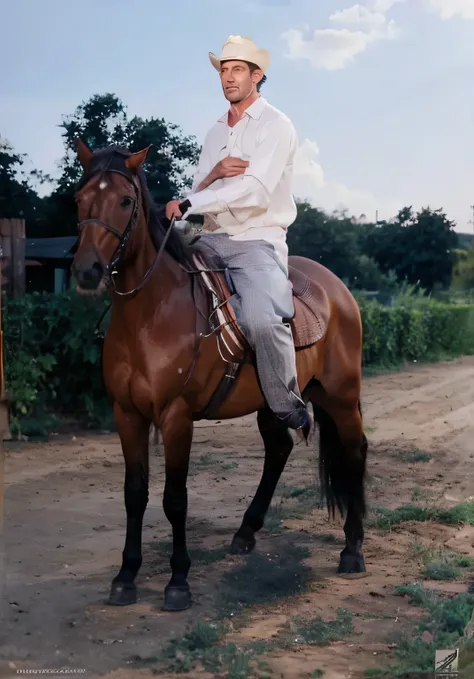 photo realistic, a man riding a horse