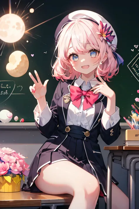 Girl smiling( showing teeth), fondo classroom, school fund(classroom), complete anatomy,  ornament of an accessory shaped like a flower on the head, graphic effects, first person, white beret,  summer school uniform , sitting, Reciting a poem , chalkboard(...