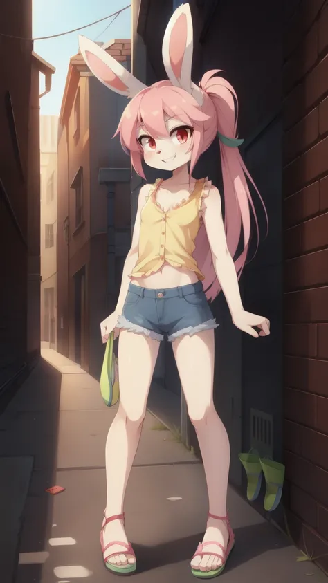 Score_9,score_8_up,score_7_up, source_cartoon, source_furry, furry girl, rabbit, pink hair, long bangs, hair over one eye, messy hairstyle, long ponytail, anime style, flat chest, small breasts, red eyes, ((yellow frilly buttom shirt, sleeveless, one butto...