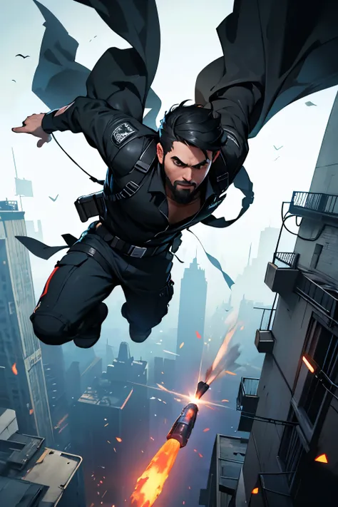  a 35-year-old man , with very short black hair ,  black eyes ,  wearing clothing similar to the video game Free Fire ,  he is falling with a parachute and a gun in his hand from the sky.