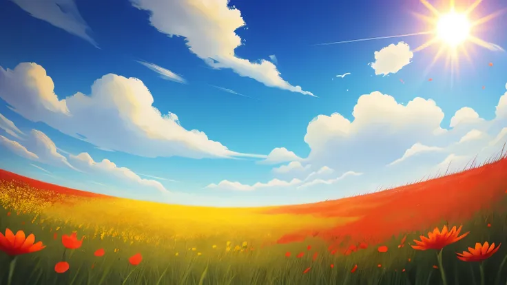 sun shine　Red and yellow petals flutter　grassland　 under the blue sky