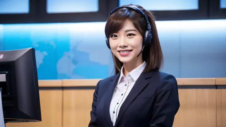 An Asian woman，With a headset ，Customer service staff，Smile， with a microphone， with microphone in the background is a business office，