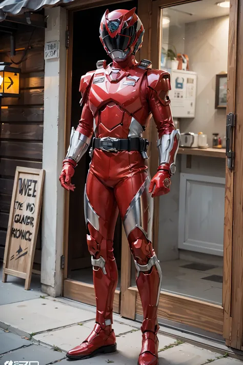 1boy, full body, Illustration, cinematic light, high resolution, best quality, ultra-detailed, masterpiece, power suit, powerranger, suit, spd, (Silver and Gold chest plate), white and gold detail, (((red suit))), ((police theme:1.2))