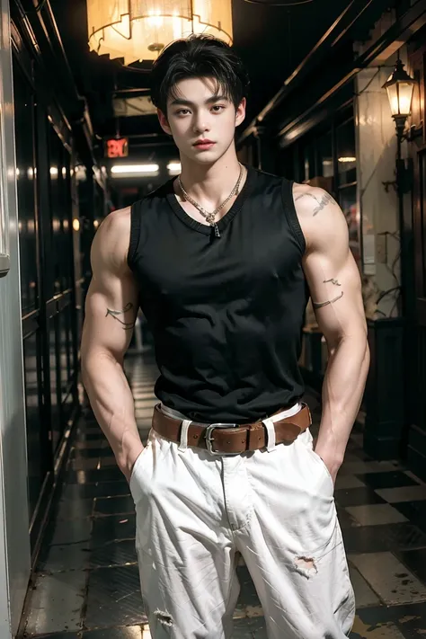 Atticus Dean Mitchell 20 year old boy without freckles brown hair dark military cut black vest Steampunk white shirt green eyes red shirt wolf print muscular build athletic slim blue jeans with chains black leather belt silver buckle background of New Orle...