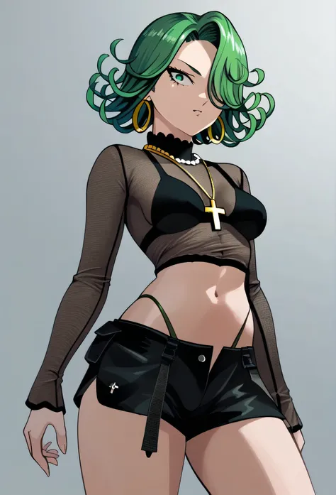 tatsumaki,green hair,green eyes, short hair,Wavy hair,medium breast , black bra, long sleeves, mesh crop top, shorts,black shorts,
highleg panties , earrings,hoop earrings,cross necklace,jewelry,poese.medium breasts
High Resolution, Masterpiece, High Quali...