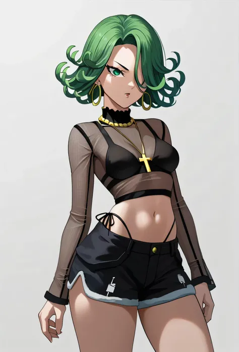 tatsumaki,green hair,green eyes, short hair,Wavy hair,medium breast , black bra, long sleeves, mesh crop top, shorts,black shorts,
highleg panties , earrings,hoop earrings,cross necklace,jewelry,poese.medium breasts
High Resolution, Masterpiece, High Quali...